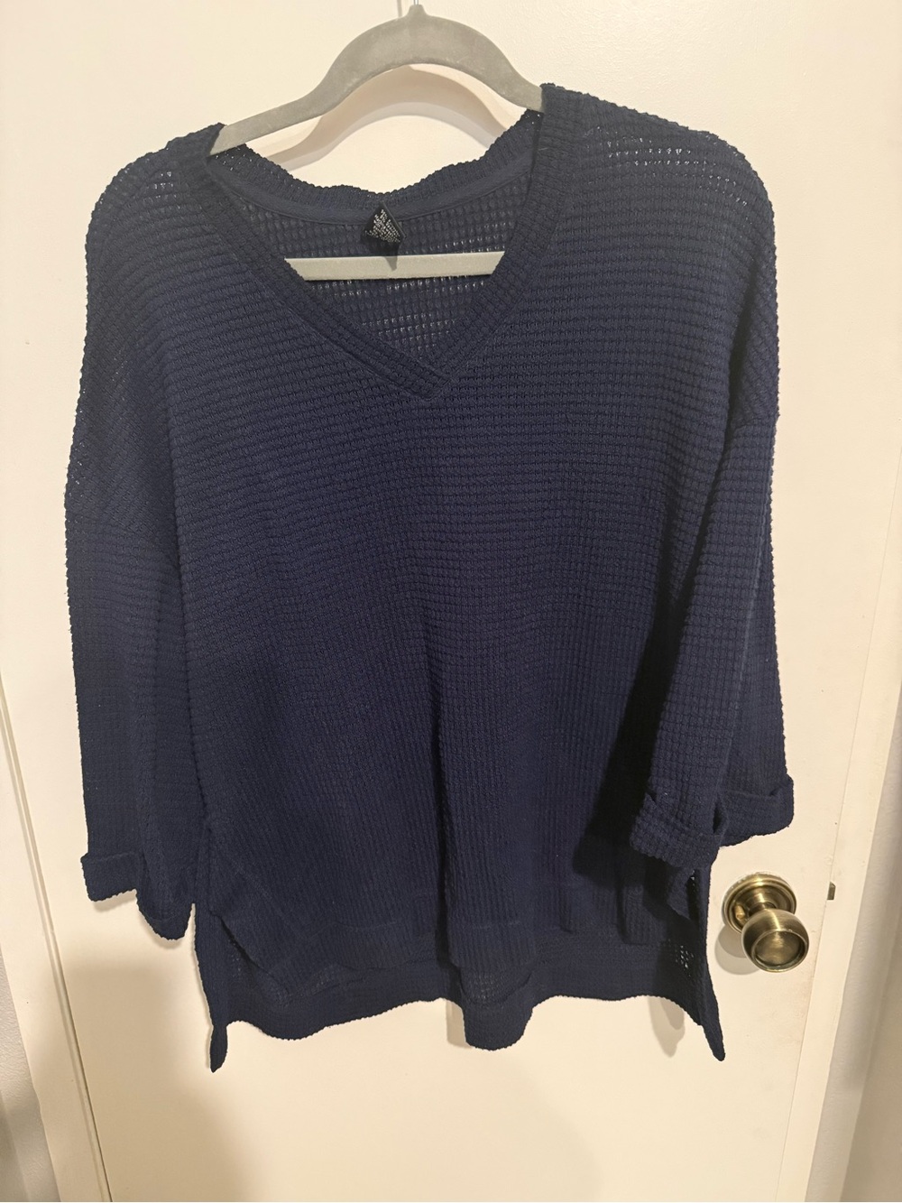 Women's Navy V-Neck Lightweight Waffle Sweater